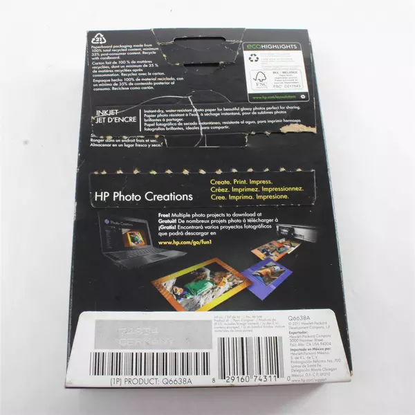 Hp Advanced Photo Paper Glossy Hewlett Packard (Q6638A) 4 x 6, Used 65ct