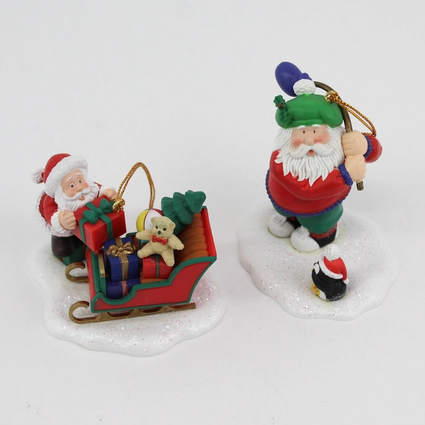 1996 Westmar Ind Santa With Sleigh And Santa Playing Golf Christmas Ornaments