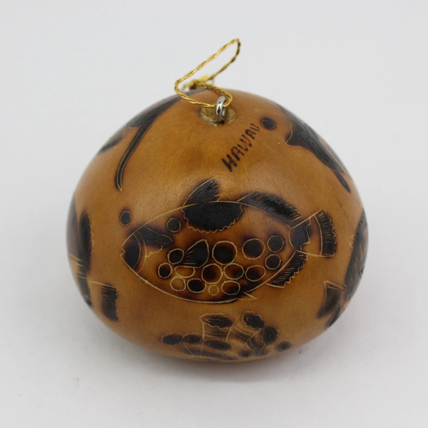 Hawaii Fish Pattern Hand Carved Natural Gourd Ornament 3" Diameter