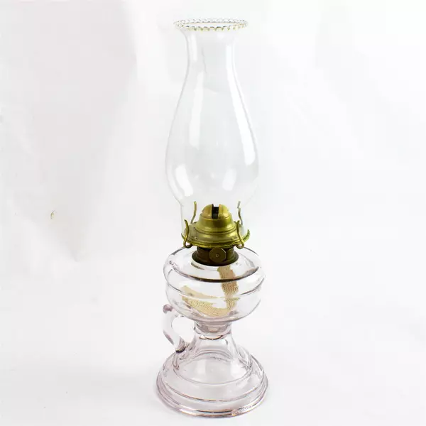 Vintage Glass Hurricane Lamp w/Finger Hold Chimney & Metal Burner 14.5"