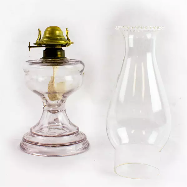 Vintage Glass Hurricane Lamp w/Finger Hold Chimney & Metal Burner 14.5"