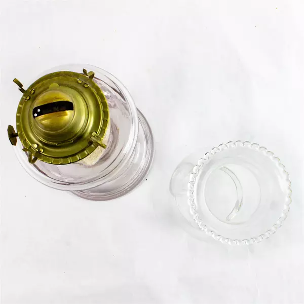 Vintage Glass Hurricane Lamp w/Finger Hold Chimney & Metal Burner 14.5"