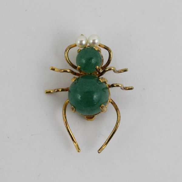 Vintage Gump's Gold Plated Silver Jade And Cultured Pearl Spider Brooch