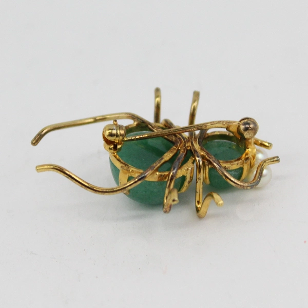 Vintage Gump's Gold Plated Silver Jade And Cultured Pearl Spider Brooch