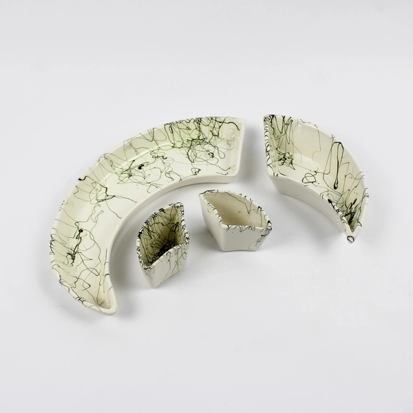 Lot Of 4 Unbranded White/Green Ceramic Serving Dishes Abstract Shapes