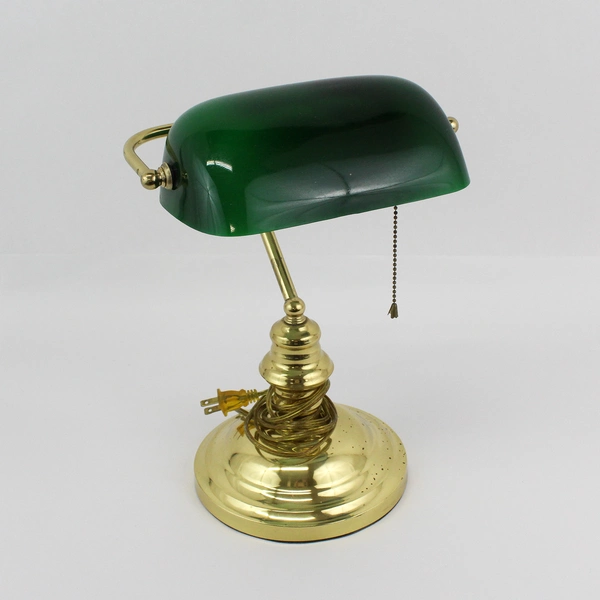 Vintage Electric Banker's Lamp Brass And Green Glass Shade
