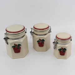 Vintage Cream Colored 3 Piece Ceramic Canister Set Apple Pattern Bail Lids
