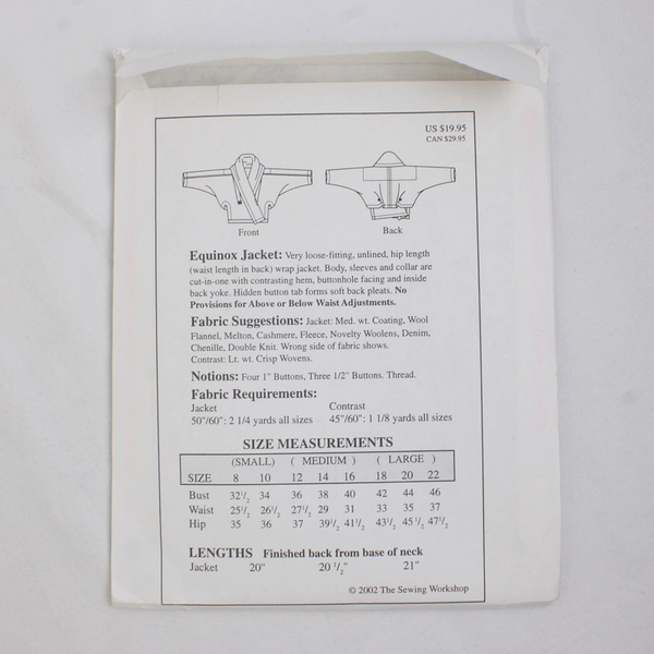 The Sewing Workshop Collection Equinox Jacket Pattern Women's Sizes (S-L) 2002