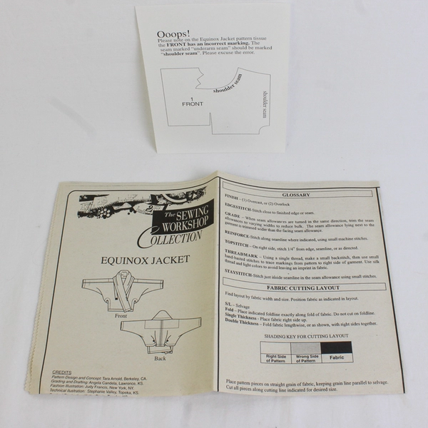 The Sewing Workshop Collection Equinox Jacket Pattern Women's Sizes (S-L) 2002