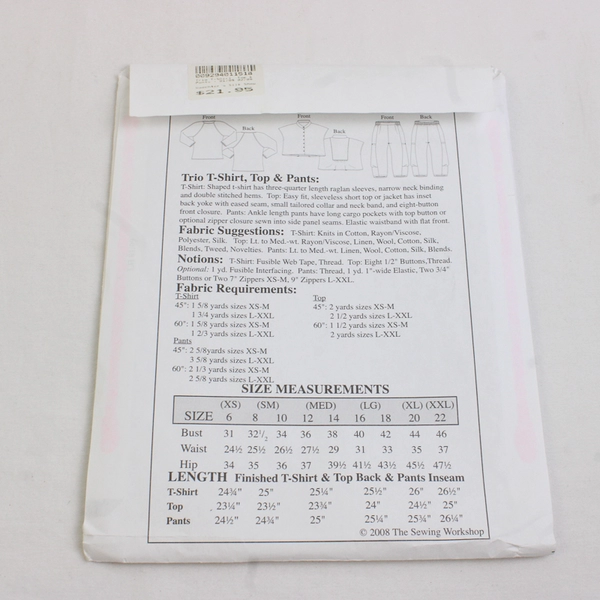 The Sewing Workshop Collection Trio Tops & Pants Pattern Women's (XS-XXL) 2008