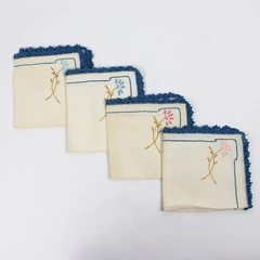 Lot Of 4 Unbranded White/Blue Embroidered Fabric Napkins Lace Trim 10" x 10"