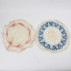 Lot of 2 Vintage Crocheted Lace Doilies 12" Round White Pink and Blue