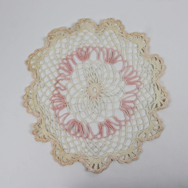 Vintage Hand Crocheted Lace Circular Doily 14" White and Pink