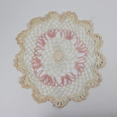 Vintage Hand Crocheted Lace Circular Doily 14" White and Pink