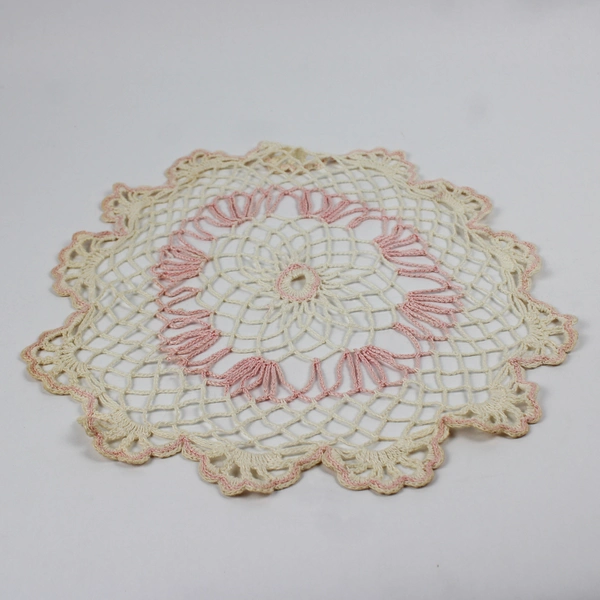 Vintage Hand Crocheted Lace Circular Doily 14" White and Pink