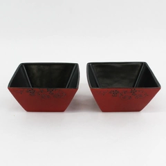 Set of 2 Asian Living Deep Red Square Stoneware Salad Bowls Black Flowers 6"