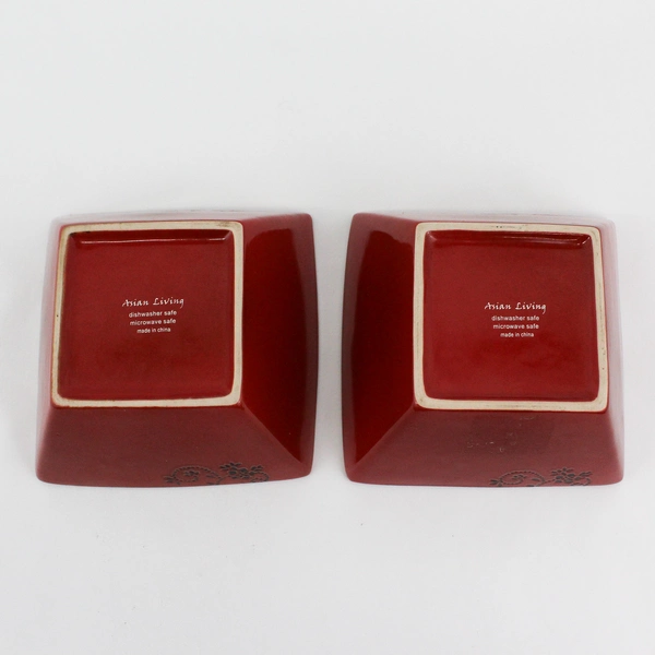 Set of 2 Asian Living Deep Red Square Stoneware Salad Bowls Black Flowers 6"