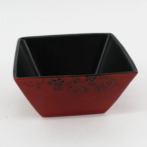 Set of 2 Asian Living Deep Red Square Stoneware Salad Bowls Black Flowers 6"