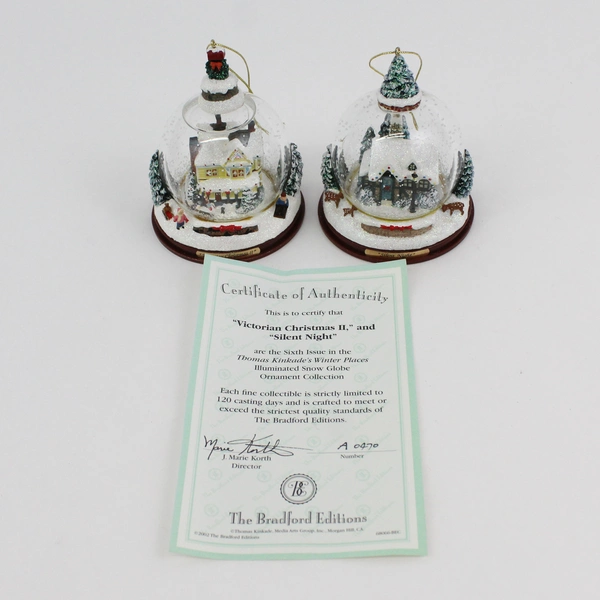 Thomas Kinkade Winter Places Snow Globe Set #6 Victorian Xmas II & Silent Night
