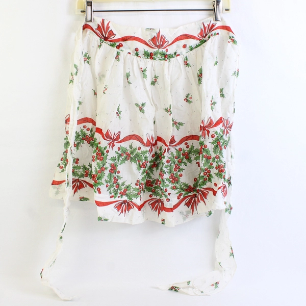 Vintage Handmade Holly and Ribbon Christmas Women's Half Apron FLAWED