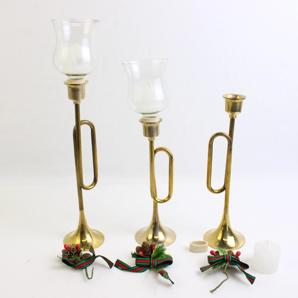 Set of 3 VTG Christmas Around The World Brass Bugle Candleholders MISSING PIECE