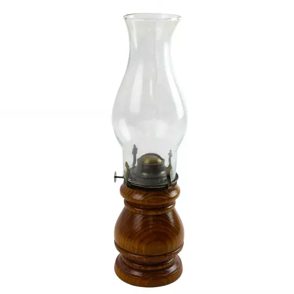 Vintage Hurricane Oil Lamp with Wood Base 14.5" Tall Rustic Decor