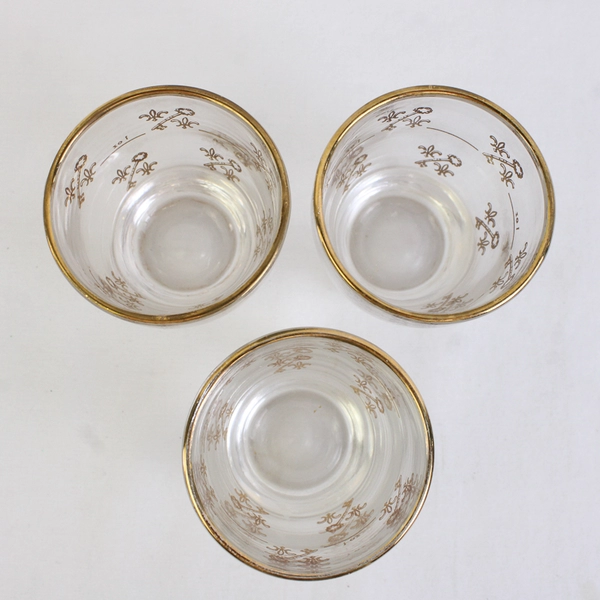 Lot Of 3 Unbranded Matching Clear Glass Shot Glasses Gold Accent Key 2.5" Tall