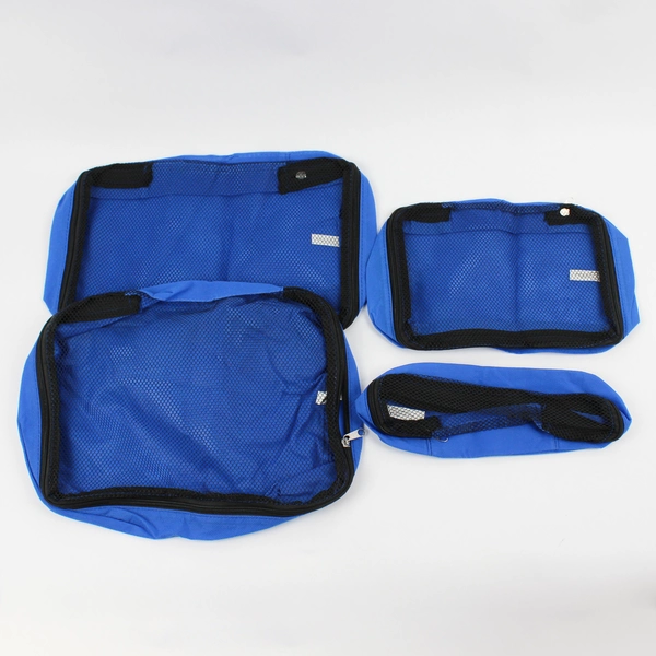 Lot of 4 Matching Blue Polypropylene Lunch Bags with Top Zippers & Mesh Pockets