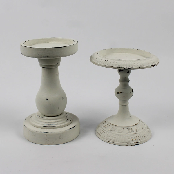 Lot Of 2 Unbranded White W/ Faux Patina Pillar Candle Holders 7" & 6.25" Tall