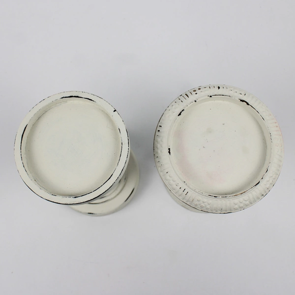 Lot Of 2 Unbranded White W/ Faux Patina Pillar Candle Holders 7" & 6.25" Tall