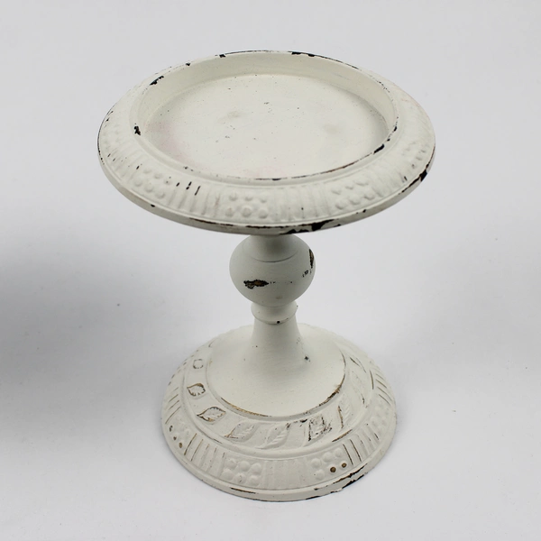 Lot Of 2 Unbranded White W/ Faux Patina Pillar Candle Holders 7" & 6.25" Tall