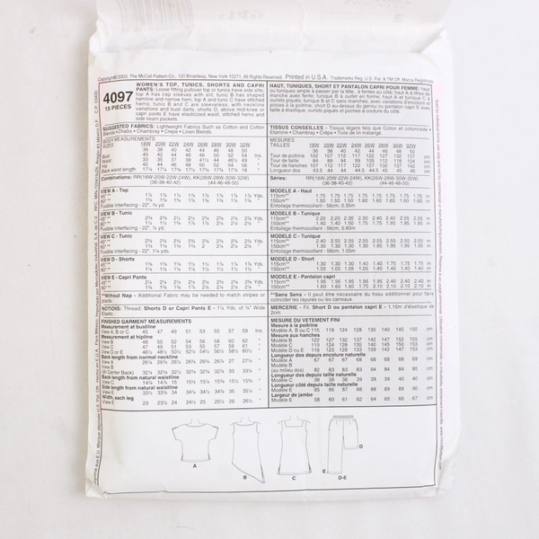 McCall's Easy 4097 Outfit Patterns Womens Size RR (18W-24W, 36-42) 2003