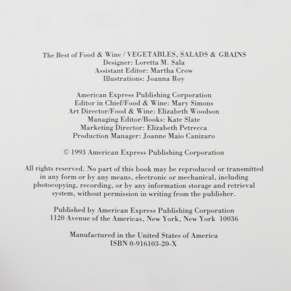 The Best of Food & Wine Vegetables Salads & Grains 1993 Hardcover Illustrated