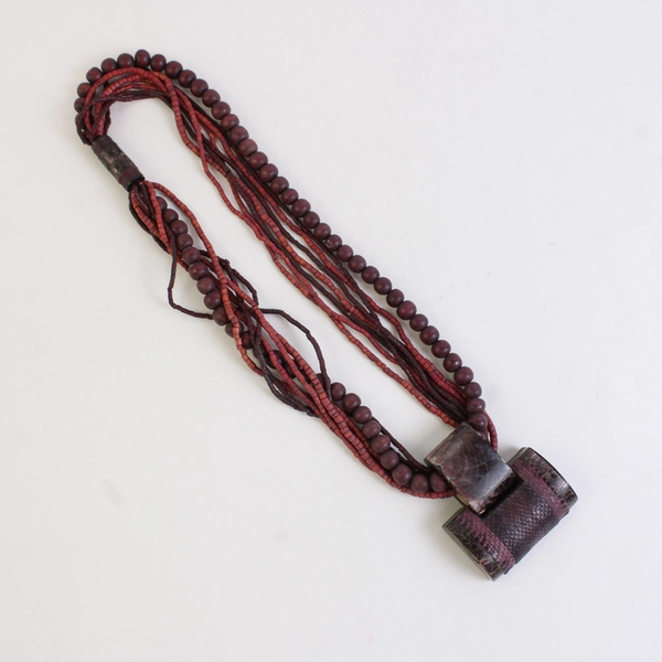 Beaded Multi-Strand Red & Purple Faux Snakeskin Chunky Statement Necklace 13"