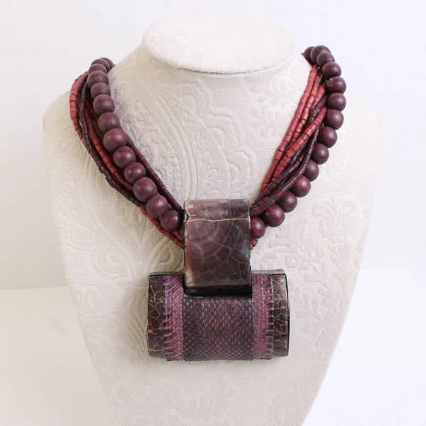 Beaded Multi-Strand Red & Purple Faux Snakeskin Chunky Statement Necklace 13"
