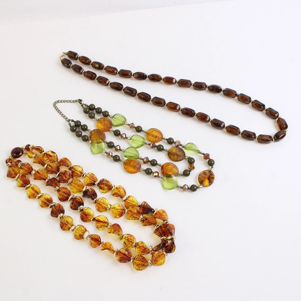 Lot of 3 Amber Color Beaded Costume Jewelry Necklaces
