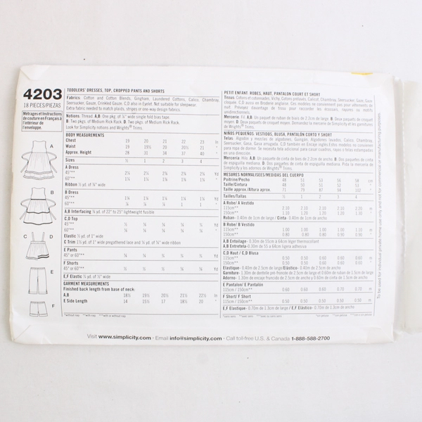 Simplicity 4203 Toddlers Dress & Outfit Patterns Girls Size A (1/2, 1, 2, 3, 4)