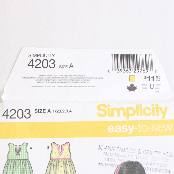 Simplicity 4203 Toddlers Dress & Outfit Patterns Girls Size A (1/2, 1, 2, 3, 4)