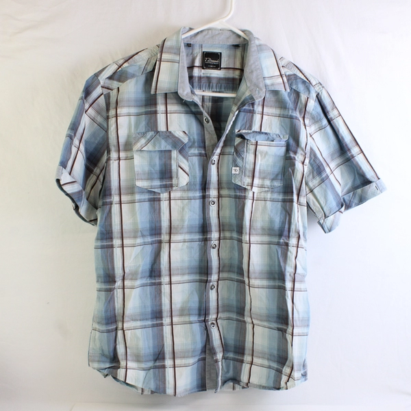 7 Diamonds Men's XL Blue Plaid Button Up Cuffed Short Sleeve Shirt 100% Cotton