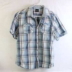 7 Diamonds Men's XL Blue Plaid Button Up Cuffed Short Sleeve Shirt 100% Cotton