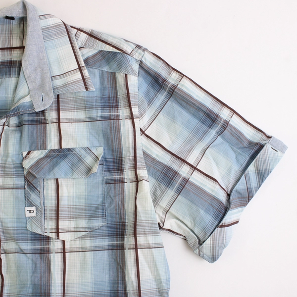 7 Diamonds Men's XL Blue Plaid Button Up Cuffed Short Sleeve Shirt 100% Cotton