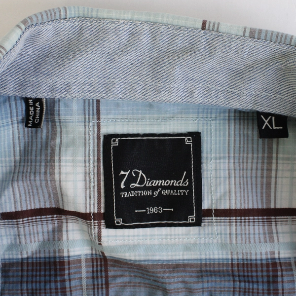 7 Diamonds Men's XL Blue Plaid Button Up Cuffed Short Sleeve Shirt 100% Cotton