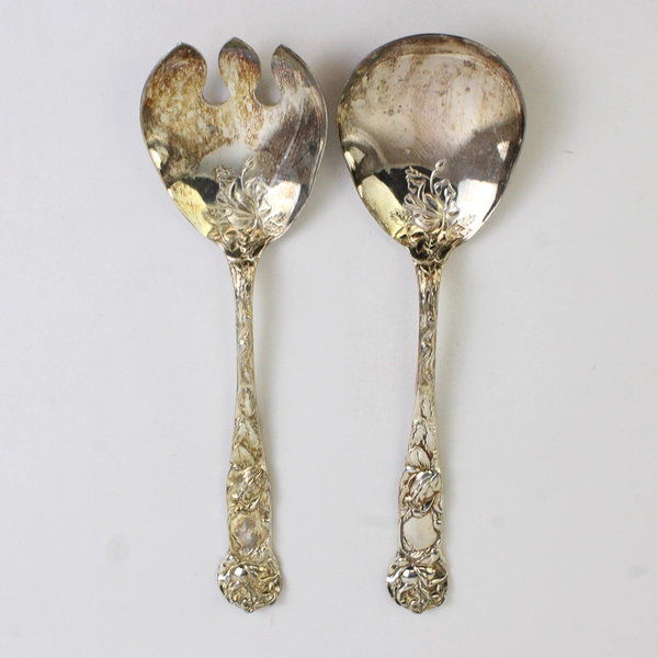 Set of 2 W.A. Bridal Rose Silver Plated Serving Spoons Floral Bowl Italy