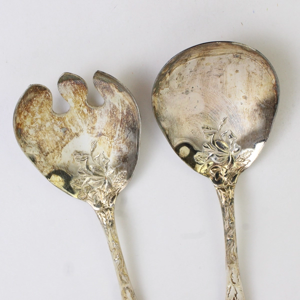 Set of 2 W.A. Bridal Rose Silver Plated Serving Spoons Floral Bowl Italy