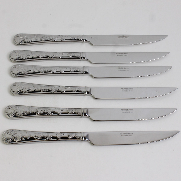 Lot of 6 Reed & Barton Queen's Garden Pattern SS Steak Knives Serrated New