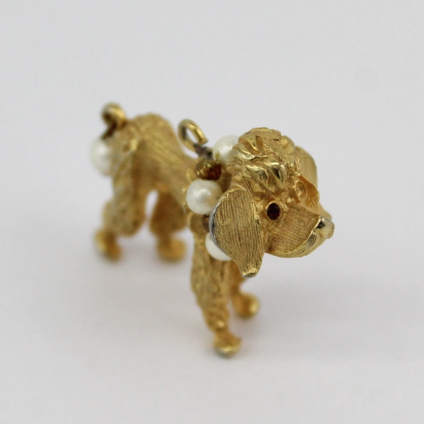 Vintage Gold Tone Poodle Pendant Charm With Pearl Accents