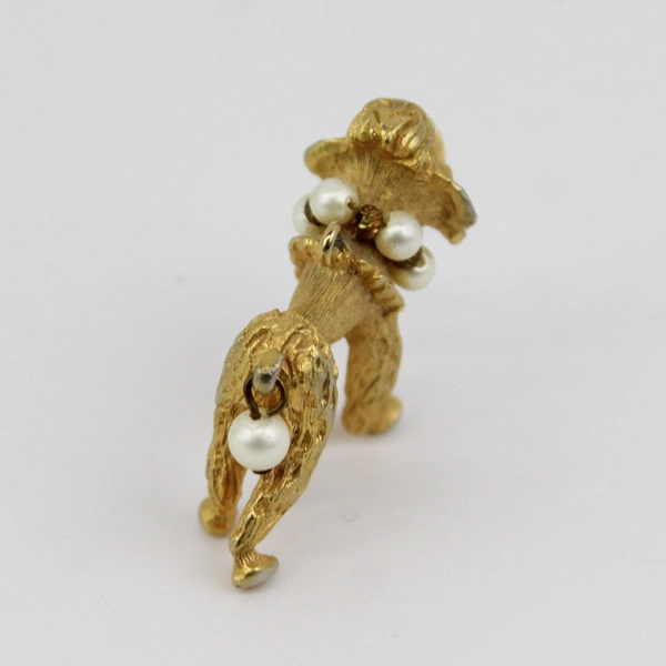 Vintage Gold Tone Poodle Pendant Charm With Pearl Accents