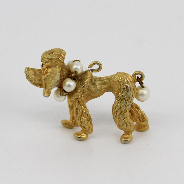Vintage Gold Tone Poodle Pendant Charm With Pearl Accents