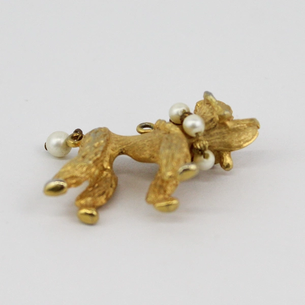 Vintage Gold Tone Poodle Pendant Charm With Pearl Accents