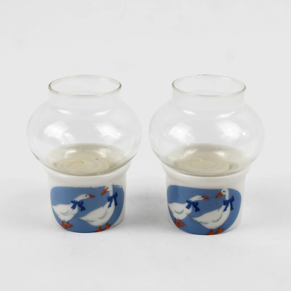 Lot of 2 Vintage Mini Glass Hurricane Candle Holders with Goose Design 2.5" Tall